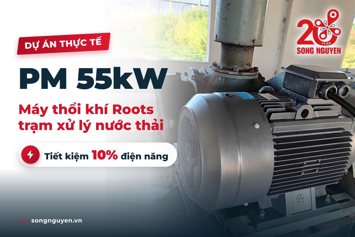 Thay động cơ nam châm vĩnh cửu (PM) 55kW cho máy thổi khí Roots tại trạm xử lý nước thải: tiết kiệm 10% điện năng, đo thực tế tại công trình